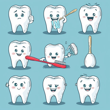Cute cartoon tooth character set with toothbrush, toothpaste and toothpaste. Vector illustration.の素材