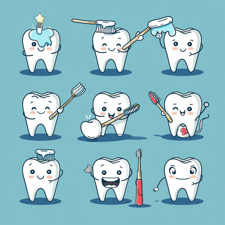 Cute cartoon tooth character with toothbrush and toothpaste vector illustrationの素材