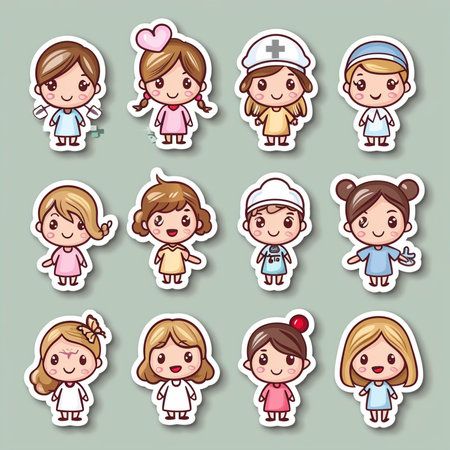 Cartoon doctor and nurse icon set. Vector illustration isolated on white background.の素材
