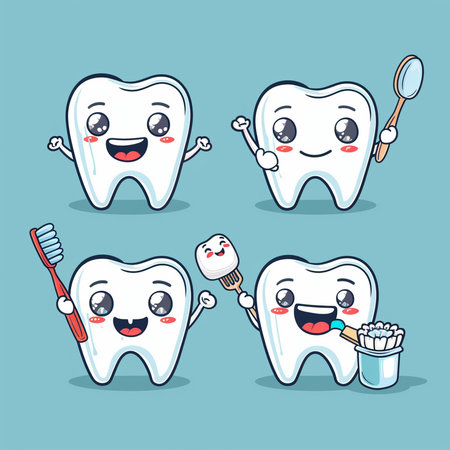 Cute cartoon tooth character with toothbrush and toothpaste. Vector illustrationの素材