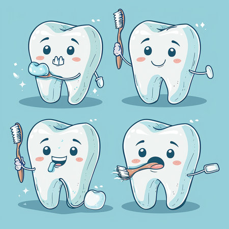 Set of cute cartoon tooth character with toothbrush and toothpaste. Vector illustration.の素材