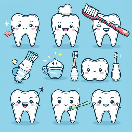 Cute cartoon tooth character set. Vector illustration. Dental care concept.の素材
