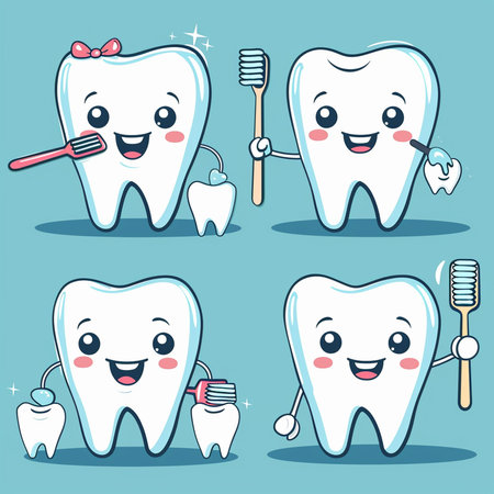 Cute cartoon tooth character with toothbrush and toothpaste vector illustrationの素材