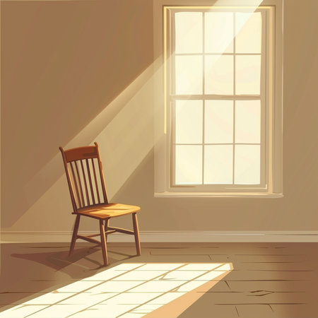 Illustration of a chair in a room with a window and sun raysの素材
