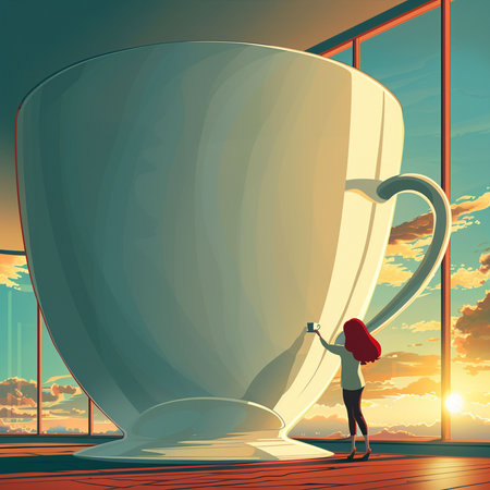 Vector illustration of a girl drinking coffee from a cup in the morningの素材
