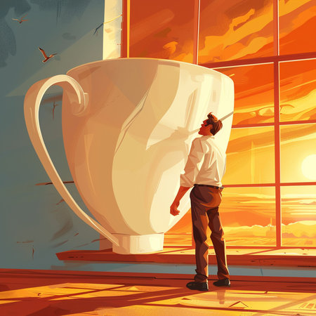 Man with cup of coffee in the room at sunset. Vector illustrationの素材
