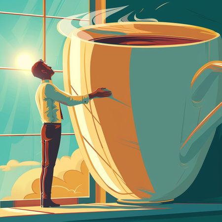 Vector illustration of a young man with a cup of coffee in his handsの素材