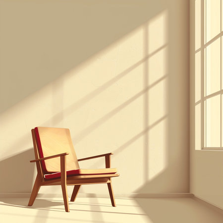 illustration of a chair in a room with orange walls and windowsの素材