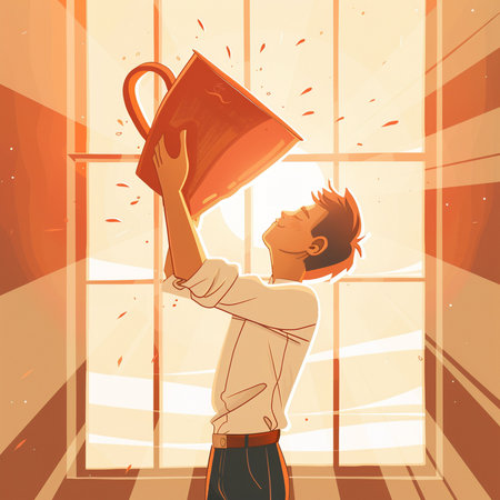 Businessman holding a trophy in his hand. Vector illustration in cartoon style.の素材