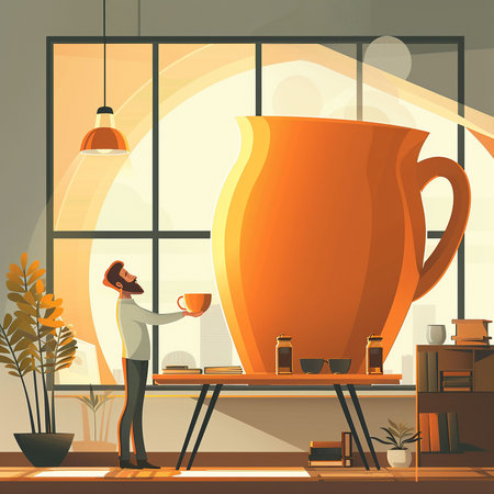 Coffee shop interior with man drinking coffee, vector illustration.の素材