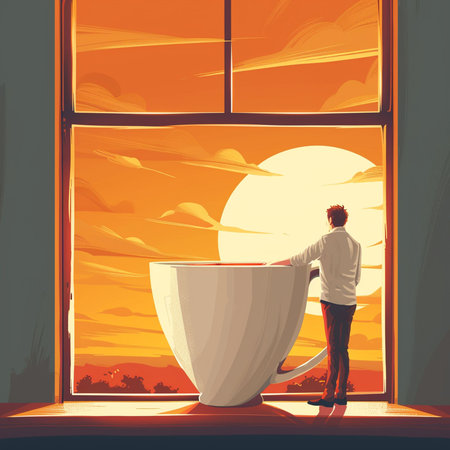 Man looking out the window at sunset. Vector illustration in retro styleの素材