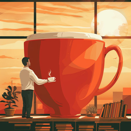 Businessman drinking coffee from a big cup in the office. Vector illustrationの素材
