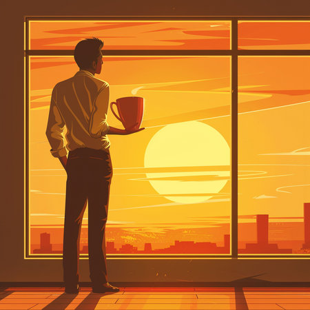 Man with cup of coffee standing near window at sunset. Vector illustrationの素材