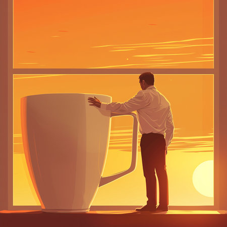 Businessman looking out of the window at the sunrise. Vector illustrationの素材