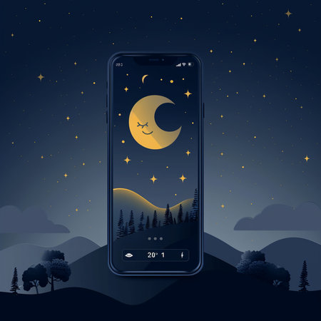 Moon and stars on the phone screen. Night landscape. Vector illustration.の素材