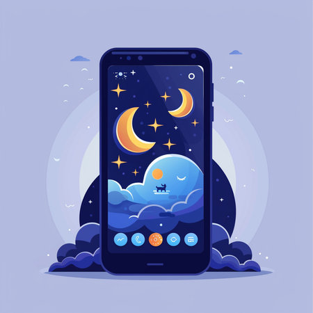 Smartphone with night sky, moon and stars. Vector illustration.の素材