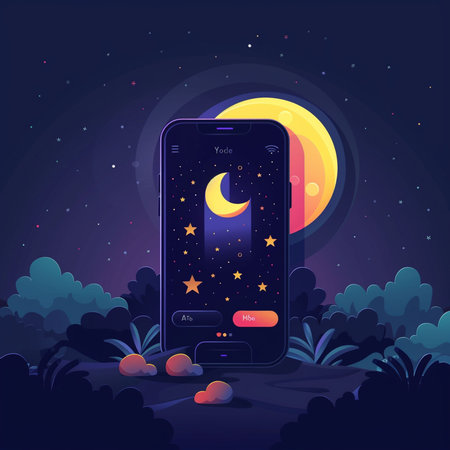 Night sky, moon and stars on the phone screen. Vector illustrationの素材