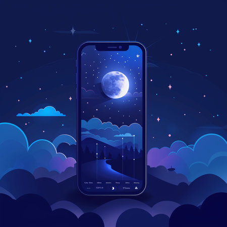 Smartphone with full moon and clouds in the night. Vector illustration.の素材