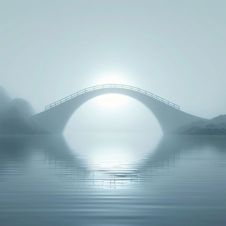 Bridge in the mist with reflection in the water. Vector illustration.の素材