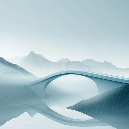 3D rendering of a bridge over a lake with mountains in the backgroundの素材