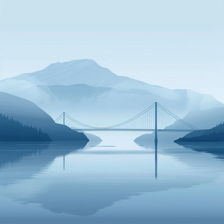 Beautiful landscape with a bridge over the lake. Vector illustration.の素材