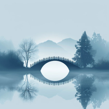 Beautiful landscape with bridge and trees in foggy morning, illustrationの素材