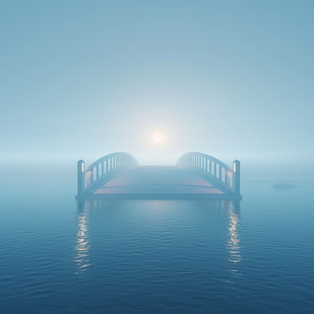 Bridge over the sea in a foggy morning. 3d renderingの素材