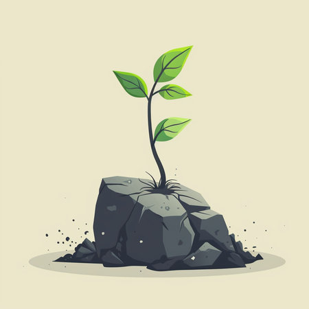 Green sprout growing from a crack in the ground. Vector illustrationの素材