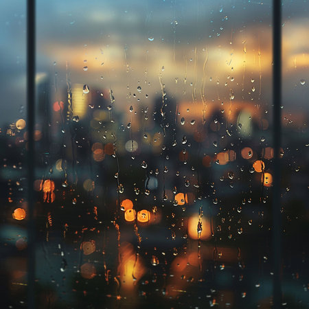 Rain drops on window glass with cityscape in the background. Blurred backgroundの素材
