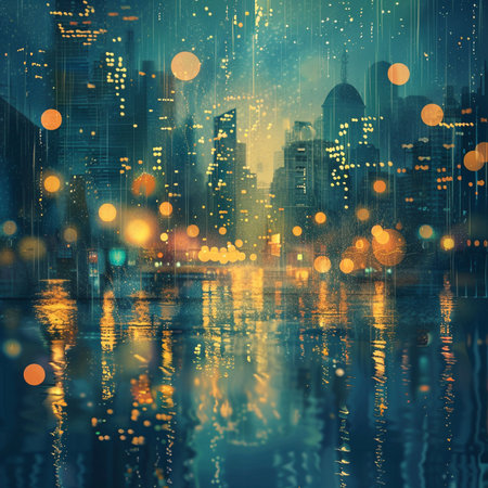 Cityscape with city lights reflected in water, toned image.の素材
