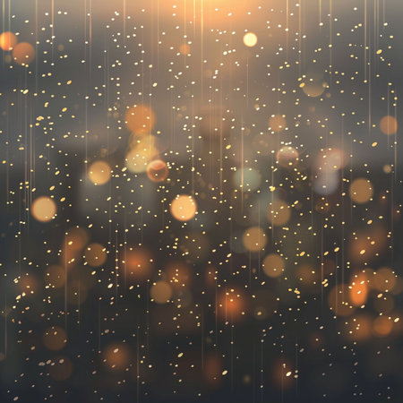 Christmas background with golden bokeh lights and falling snowflakesの素材