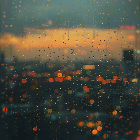 Rain drops on window glass with city view and blurred bokeh lights.の素材