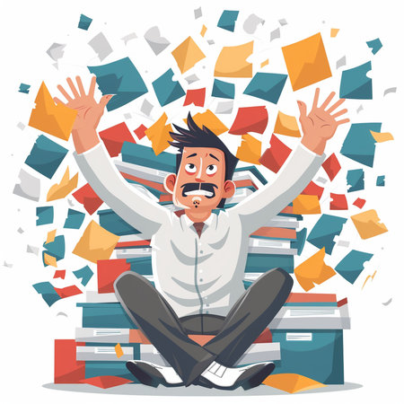 Happy man sitting on pile of paper documents. Vector flat cartoon illustrationの素材