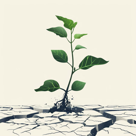 Illustration of a green sprout growing from the ground with cracksの素材