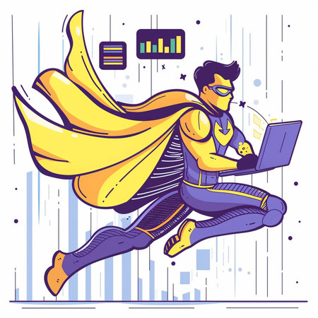 Superhero working on laptop. Vector illustration in cartoon comic style.の素材