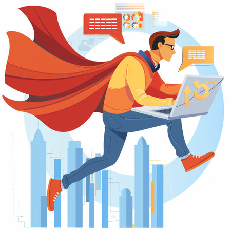 Superhero business man running with laptop. Vector illustration in flat styleの素材