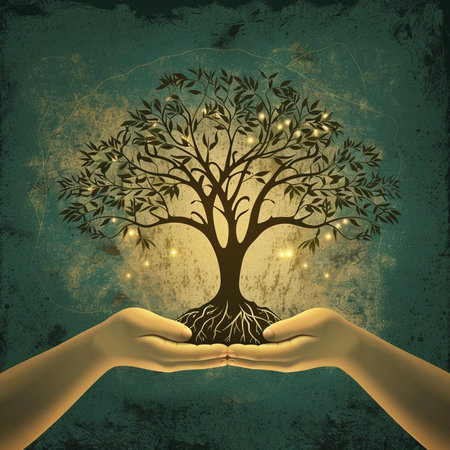 Human hands holding tree on grunge background. Ecology concept. Vector illustrationの素材