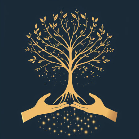 Vector hand drawn olive tree and human hands. Eco-friendly concept.の素材
