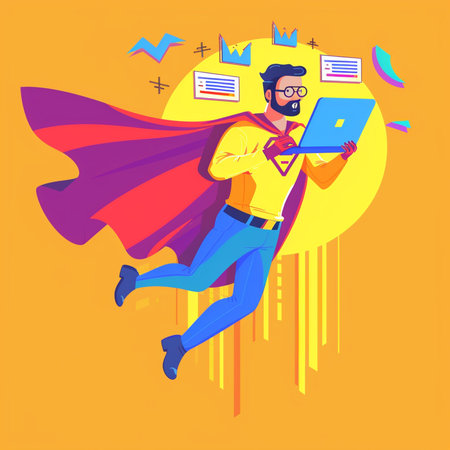 Superhero Businessman with Laptop. Vector illustration in flat styleの素材
