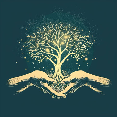 Human hands holding tree. Save the world concept. Vector illustration.の素材