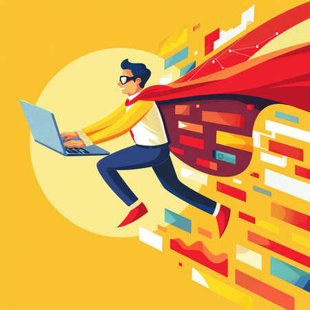 Businessman superhero flying with laptop. Vector illustration in flat style.の素材