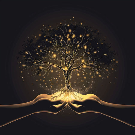 Human hands holding tree with glowing light on black background. Vector illustrationの素材