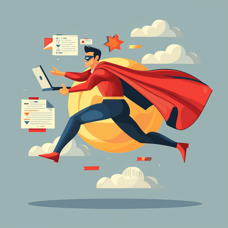 Superhero business man flying with laptop. Vector illustration in flat styleの素材