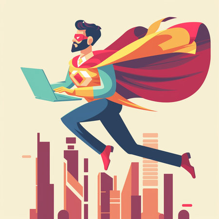 Superhero businessman flying with laptop. Vector illustration in flat style.の素材