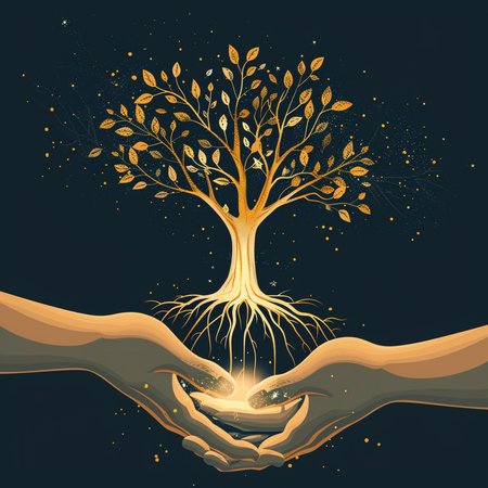 Human hands holding tree with roots on dark background. Vector illustration.の素材