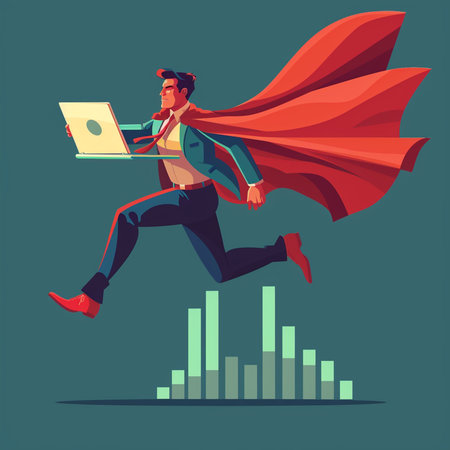 Superhero businessman running with laptop. Vector illustration in cartoon style.の素材
