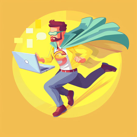 Superhero man running with laptop. Vector illustration in cartoon style.の素材