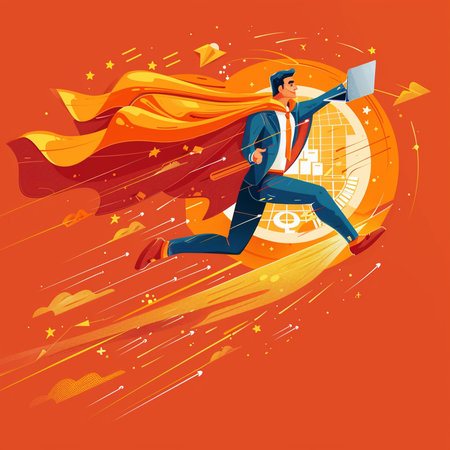 Vector illustration of superhero businessman flying with laptop. Business success concept.の素材
