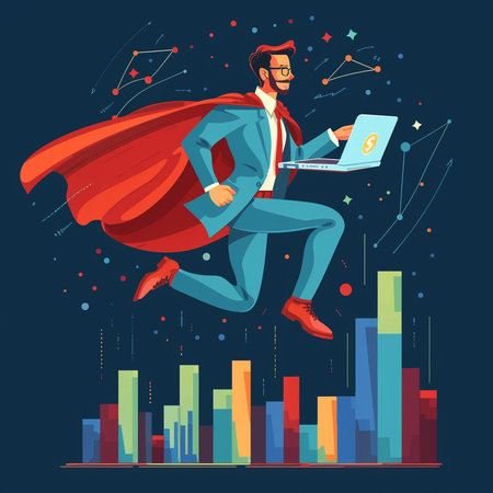 Superhero businessman with laptop and graph. Vector illustration in flat styleの素材