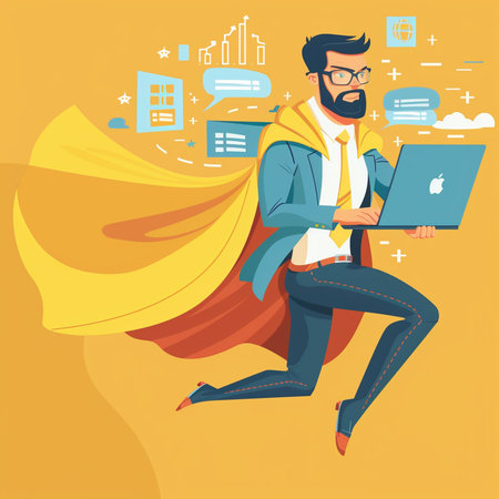 Superhero Businessman with Laptop. Vector illustration in flat styleの素材